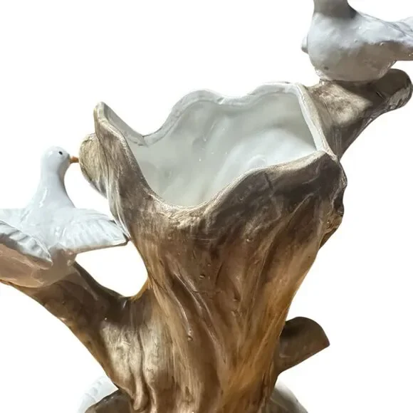 Vintage Capodimonte porcelain vase features tree trunk, branches, flowers, doves